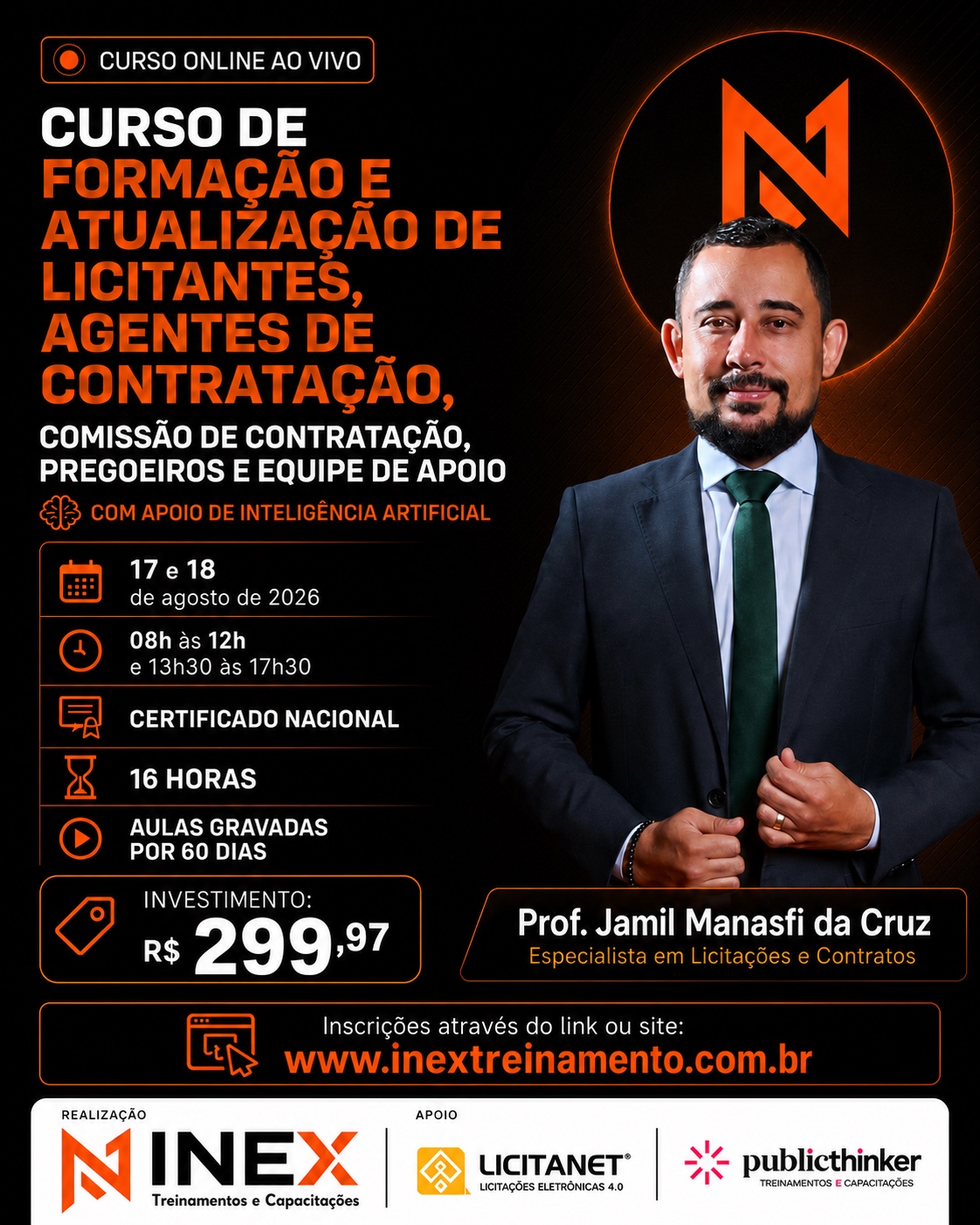 Card do Curso de Formação e Atualização de Licitantes, Agentes de Contratação, Comissão de Contratação, Pregoeiros e Equipe de Apoio — 17 e 18 de agosto de 2026