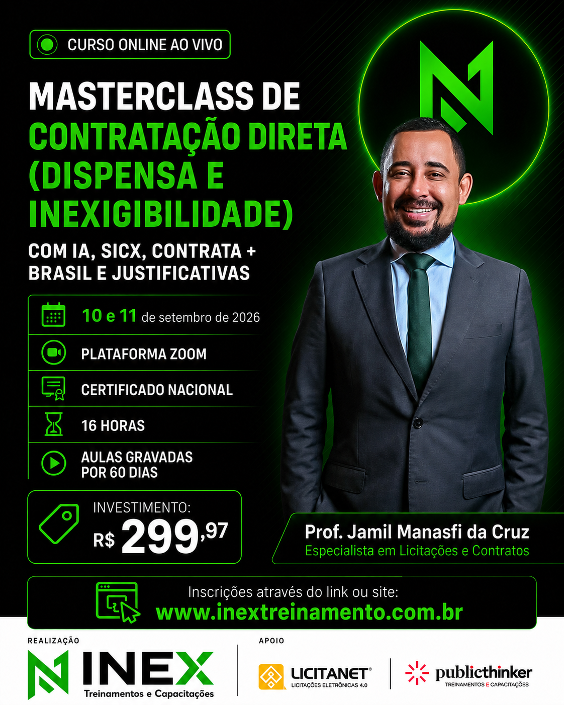 Card da Masterclass de Contratação Direta (Dispensa e Inexigibilidade) — 10 e 11 de setembro de 2026
